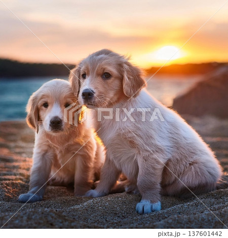 子犬と夕方の海 137601442