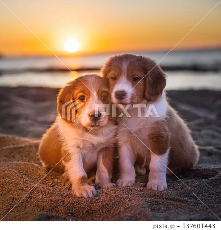 子犬と夕方の海 137601443