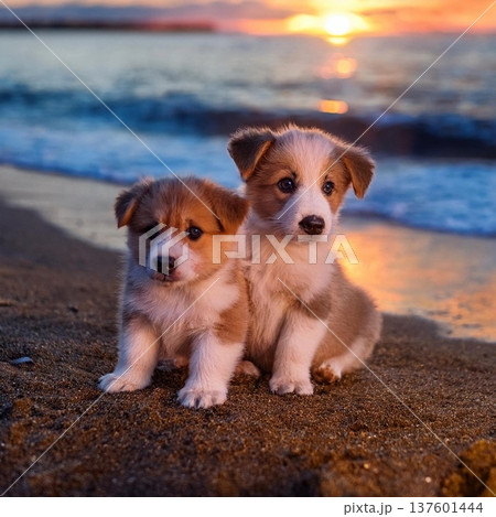 子犬と夕方の海 137601444