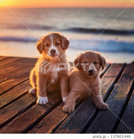子犬と夕方の海 137601446