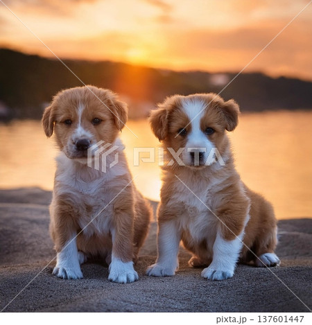 子犬と夕方の海 137601447