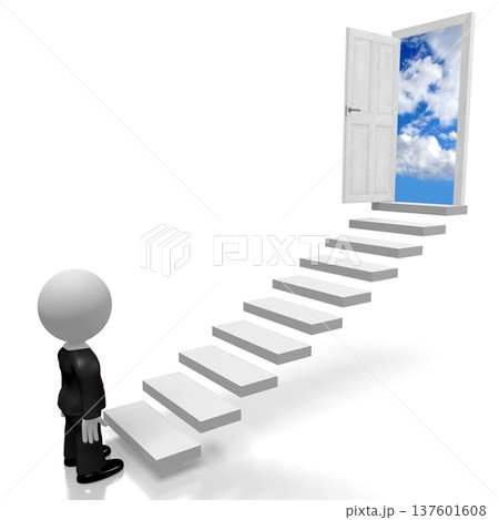 Cartoon character standing in front of stairs - unknown concept - 3D illustration 137601608