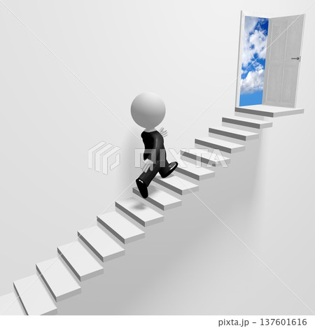 Cartoon character walking up a stairs - progress concept - 3D illustration Cartoon character walking up a stairs - progress concept - 3D illustration 137601616