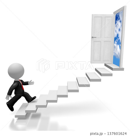Cartoon character walking up a stairs - progress concept - 3D illustration Cartoon character walking up a stairs - progress concept - 3D illustration 137601624