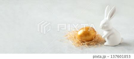 Easter greeting background with white Easter bunny 137601853