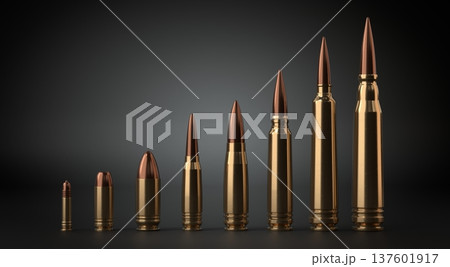 Bullets of different Calibers Standing in row on black Background - 3d illustration 137601917