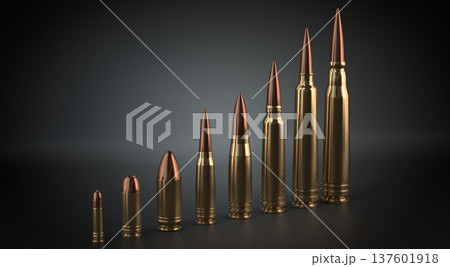 Scattered Ammunition and Bullets on black Surface - 3d illustration 137601918