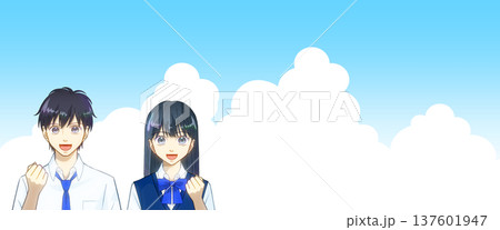 広がる青空、夏服の高校生または中学生の男女のアニメ風イラスト 広がる青空、夏服の高校生または中学生の男女のアニメ風イラスト 137601947