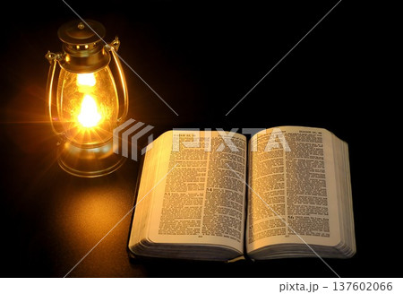 Open Holy Bible And Lamp 137602066