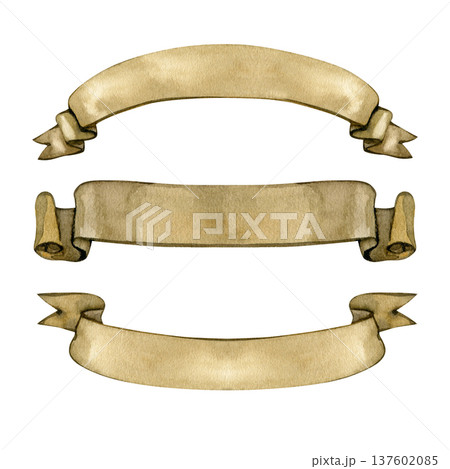 Hand-painted watercolor illustration of vintage parchment banners with curled and fishtail ends. These antique paper scrolls feature realistic aged textures, ideal for heraldic titles and wedding 137602085