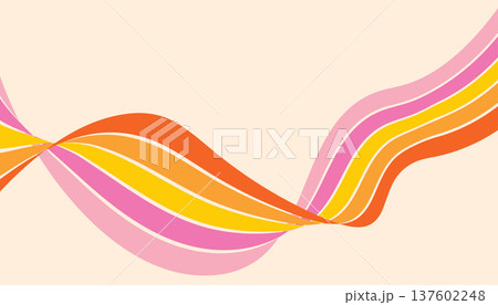 Retro groovy background wit curved rainbow line. Vintage 70s striped colored path. Playful striped shape vector illustration 137602248