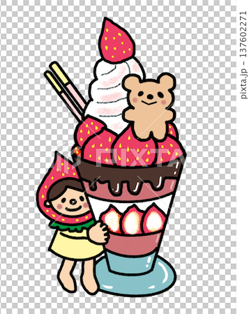A big strawberry parfait, a teddy bear cookie, and a girl 137602271