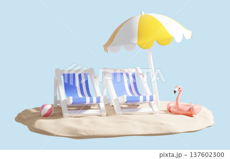 Summer vacation concept design of beach chairs with umbrella and pink inflatable flamingo on sand beach 3D render Summer vacation concept design of beach chairs with umbrella and pink inflatable flamingo on sand beach 3D render 137602300