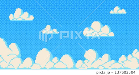 Pixel art sky with fluffy clouds on blue 137602304