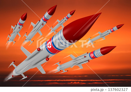 Missiles with North Korea flags flying in the air 137602327