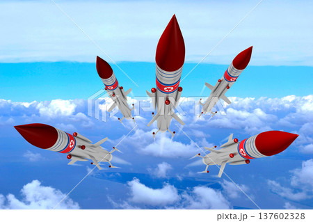 Missiles with North Korea flags flying in the air Missiles with North Korea flags flying in the air 137602328