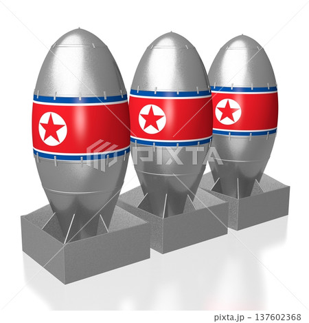 Three bombs with North Korea flags isolated on white background Three bombs with North Korea flags isolated on white background 137602368