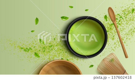 Green matcha tea, vector bg with powder splash Green matcha tea, vector bg with powder splash 137602418