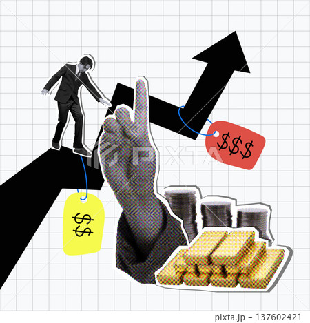 Collage Gold price analysis with upward trends and financial symbols. 137602421