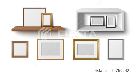 Realistic wooden shelf with empty frames mockup 137602426