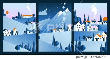Geometric winter mountain landscapes set Geometric winter mountain landscapes set 137602438