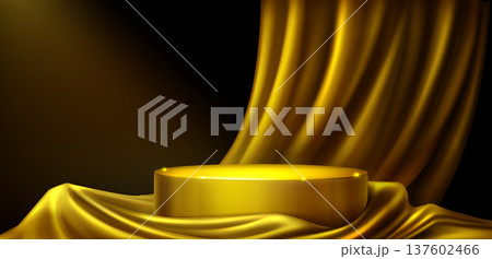 Luxury gold podium, flowing satin fabric curtain 137602466