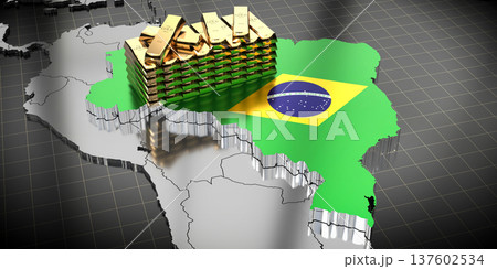 Brazil map and flag, gold ingots - 3D illustration Brazil map and flag, gold ingots - 3D illustration 137602534