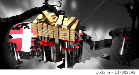 Denmark map and flag, gold ingots - 3D illustration Denmark map and flag, gold ingots - 3D illustration 137602542