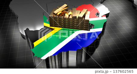 South Africa map and flag, gold ingots - 3D illustration 137602565