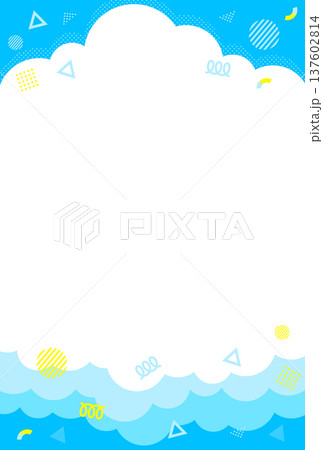 ハガキサイズ 爽やかで明るくポップなモコモコの雲の背景素材 可愛いイラスト 水色 137602814