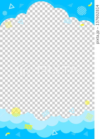 ハガキサイズ 爽やかで明るくポップなモコモコの雲の背景素材 可愛いイラスト 水色 137602814