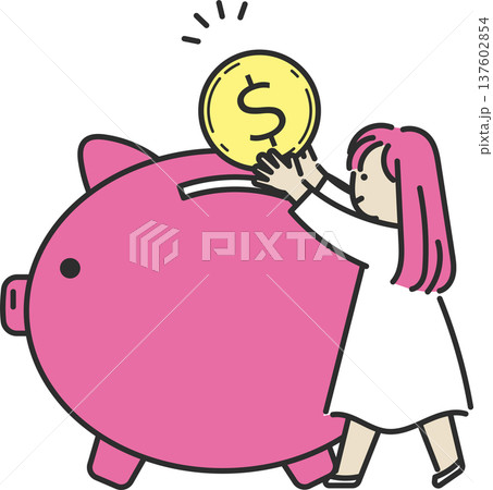 豚の貯金箱にコインを入れるワンピースを着た女性のイラスト 137602854