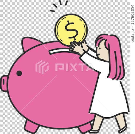 豚の貯金箱にコインを入れるワンピースを着た女性のイラスト 137602854