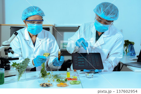 Scientists with research into natural medicine, natural skin care products, laboratories and development concepts. Scientists with research into natural medicine, natural skin care products, laboratories and development concepts. 137602954
