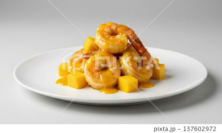 Mango Shrimp With Fresh Mango Cubes On White Plate 137602972