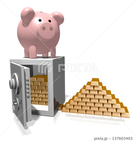 Piggy-bank, vault and gold - 3D illustration 137603403