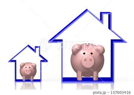 Piggy-banks and house shapes - 3D illustration 137603416