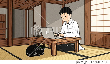 和室でPC作業する青年と猫 137603484