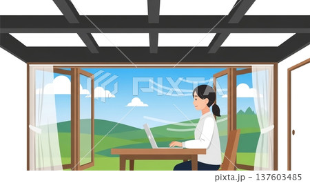 開放的なテラスでPC作業 女性 137603485