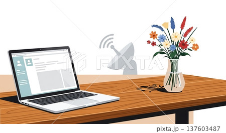 木製テーブルとPC、花瓶の静物 137603487