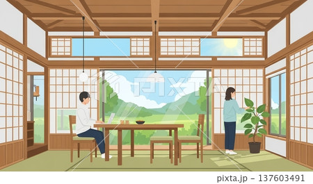 縁側でくつろぐ女性と風景 137603491