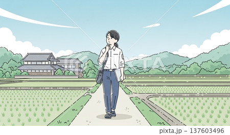 田園風景を歩く女子高生 137603496