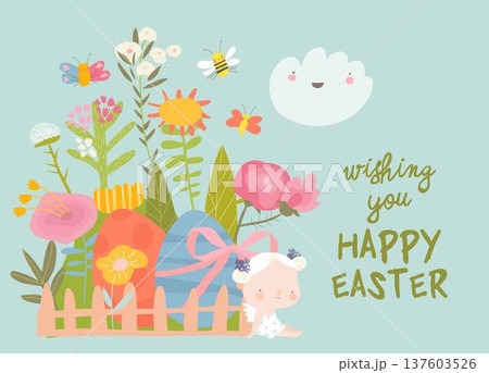 Card for Easter Day with Little Cartoon Angels and Ester Eggs 137603526
