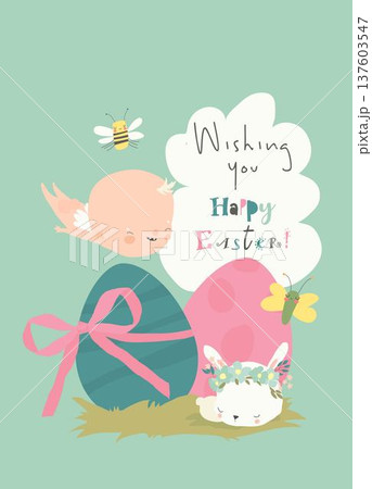 Card for Easter Day with Little Cartoon Angels and Ester Eggs Card for Easter Day with Little Cartoon Angels and Ester Eggs 137603547