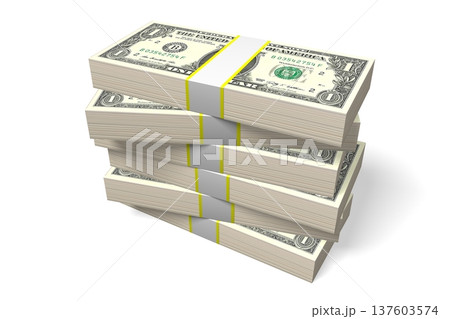 Several piles of one dollar bills on white background - 3D illustration 137603574