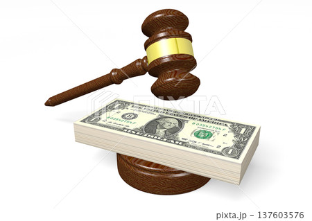 Pile of one dollar bills and gavel - 3D illustration Pile of one dollar bills and gavel - 3D illustration 137603576