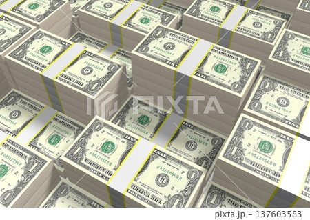 Many stacked one dollar bills - 3D illustration Many stacked one dollar bills - 3D illustration 137603583