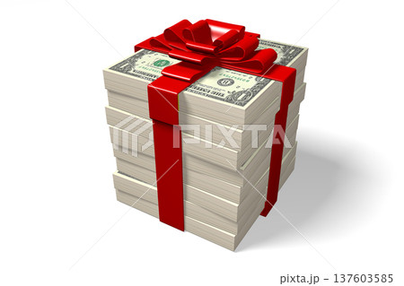 One dollar bills as gift box with ribbon - 3D illustration One dollar bills as gift box with ribbon - 3D illustration 137603585