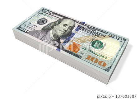 Pile of hundred dollar bills on white background - 3D illustration Pile of hundred dollar bills on white background - 3D illustration 137603587