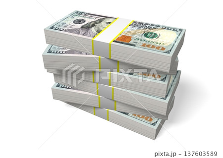 Several piles of hundred dollar bills on white background - 3D illustration Several piles of hundred dollar bills on white background - 3D illustration 137603589